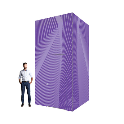 Modular privacy booth with graphic pattern and door, ideal for trade shows and special events