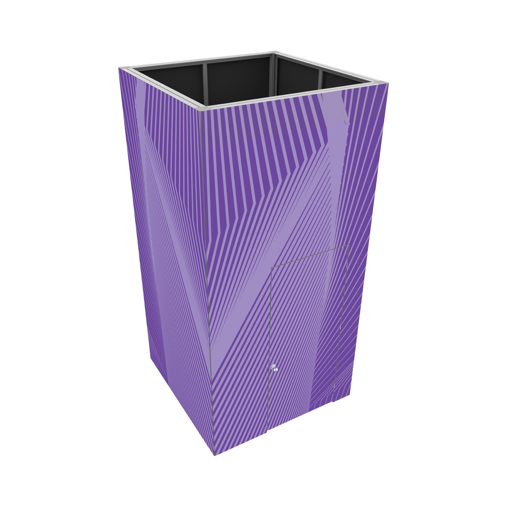 Modular enclosed trade show booth with patterned exterior panels and entry door for exhibitions