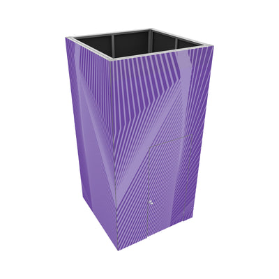 Modular enclosed trade show booth with patterned exterior panels and entry door for exhibitions