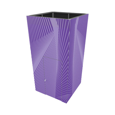 Modular trade show booth structure with geometric patterned walls and entry door