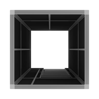 Modular trade show booth frame viewed from above with open central space and storage compartments