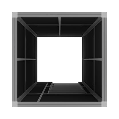 Modular trade show booth frame viewed from above with open central space and storage compartments