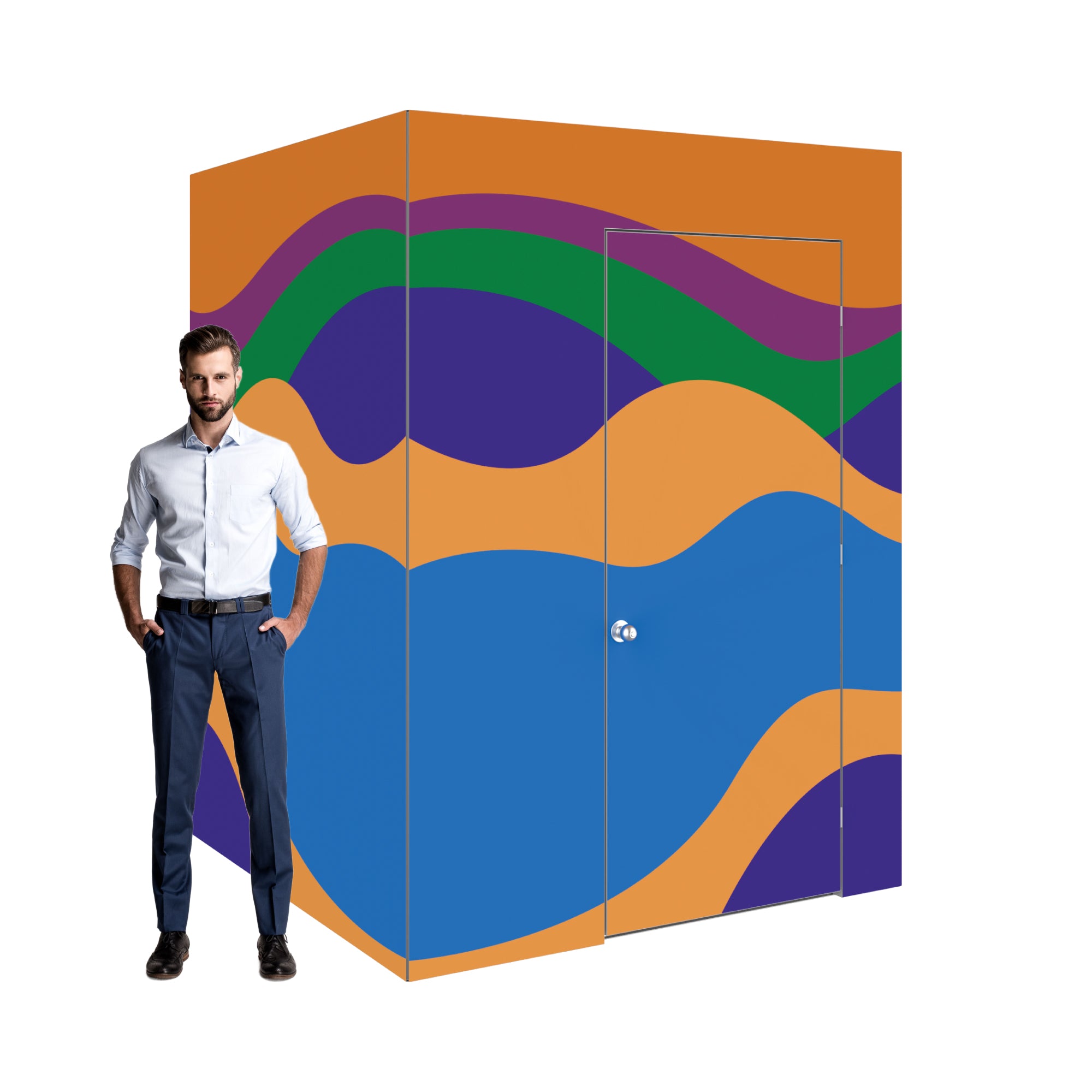 Man standing next to a modular trade show booth with custom graphic design and door