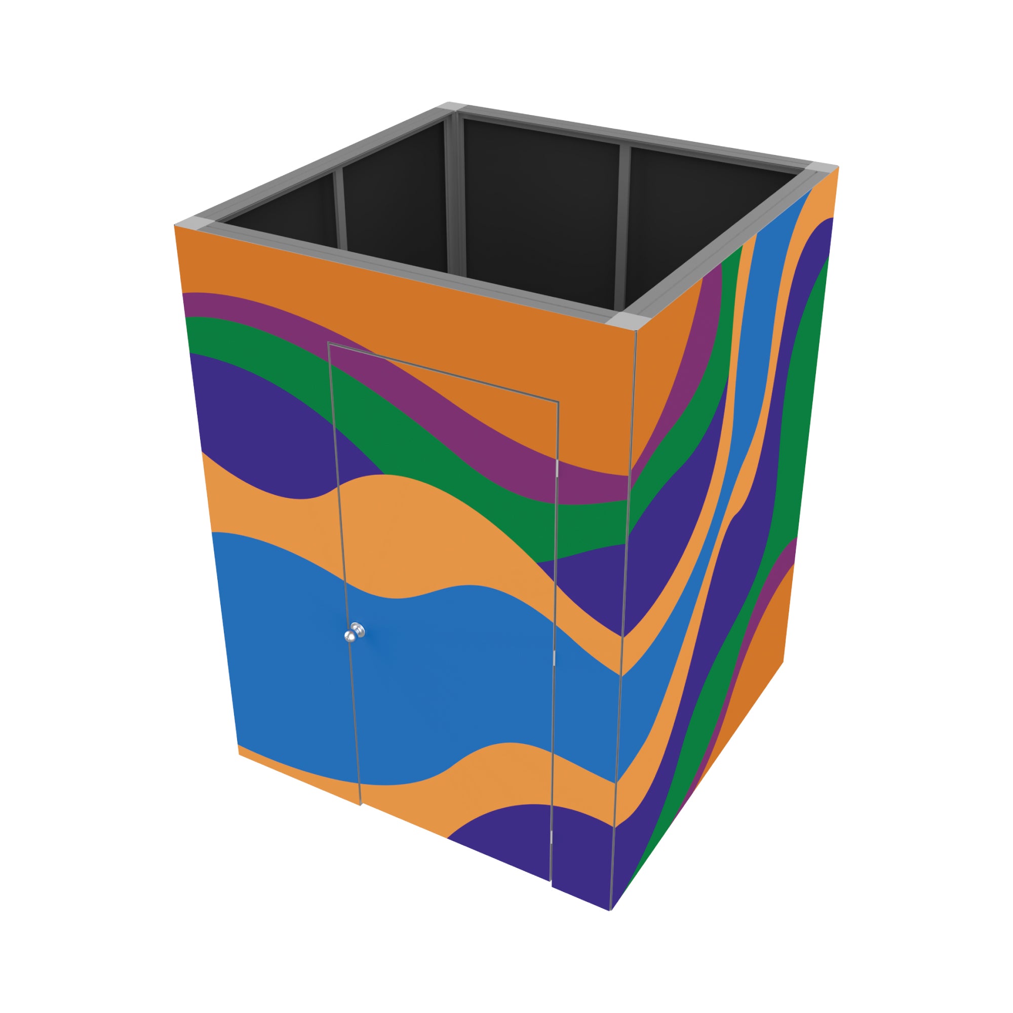 Modular enclosed booth with door and abstract wave graphics for trade shows and exhibitions