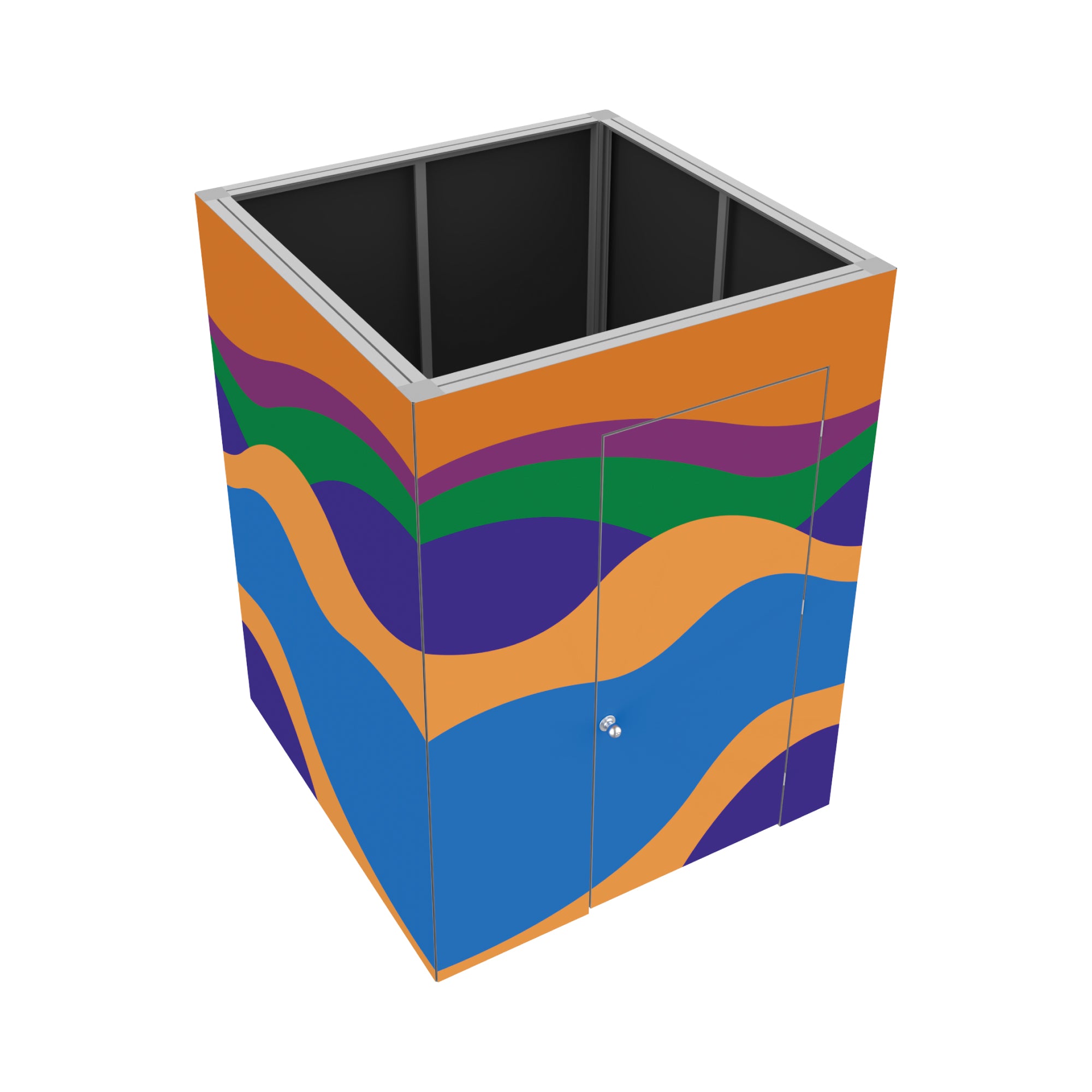 Modular trade show booth structure with door and graphic panels for exhibitions and events