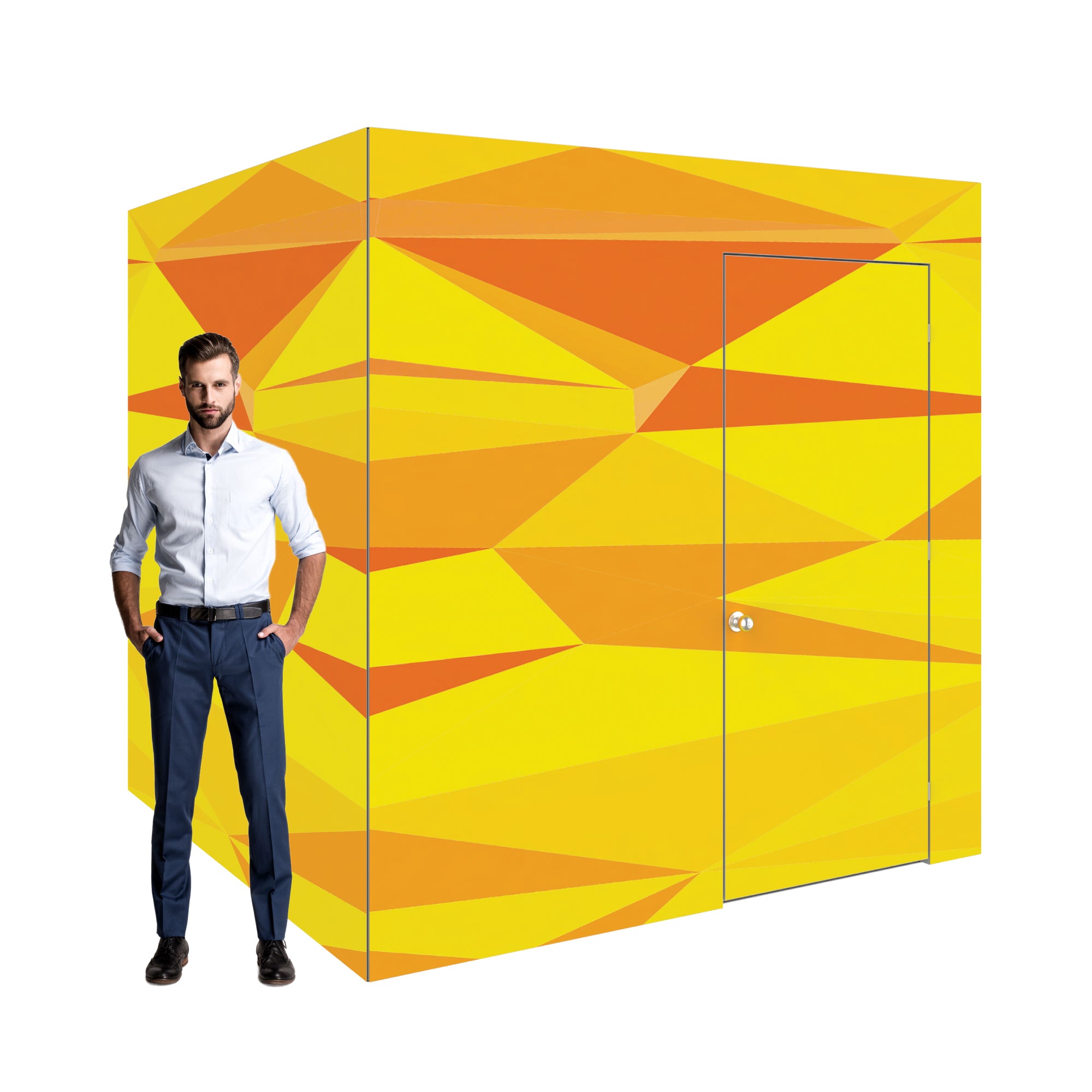 Modular trade show booth with geometric patterned walls and door, man standing nearby for scale
