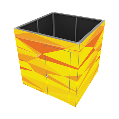 Modular trade show booth with geometric patterned walls and entrance door for exhibitions