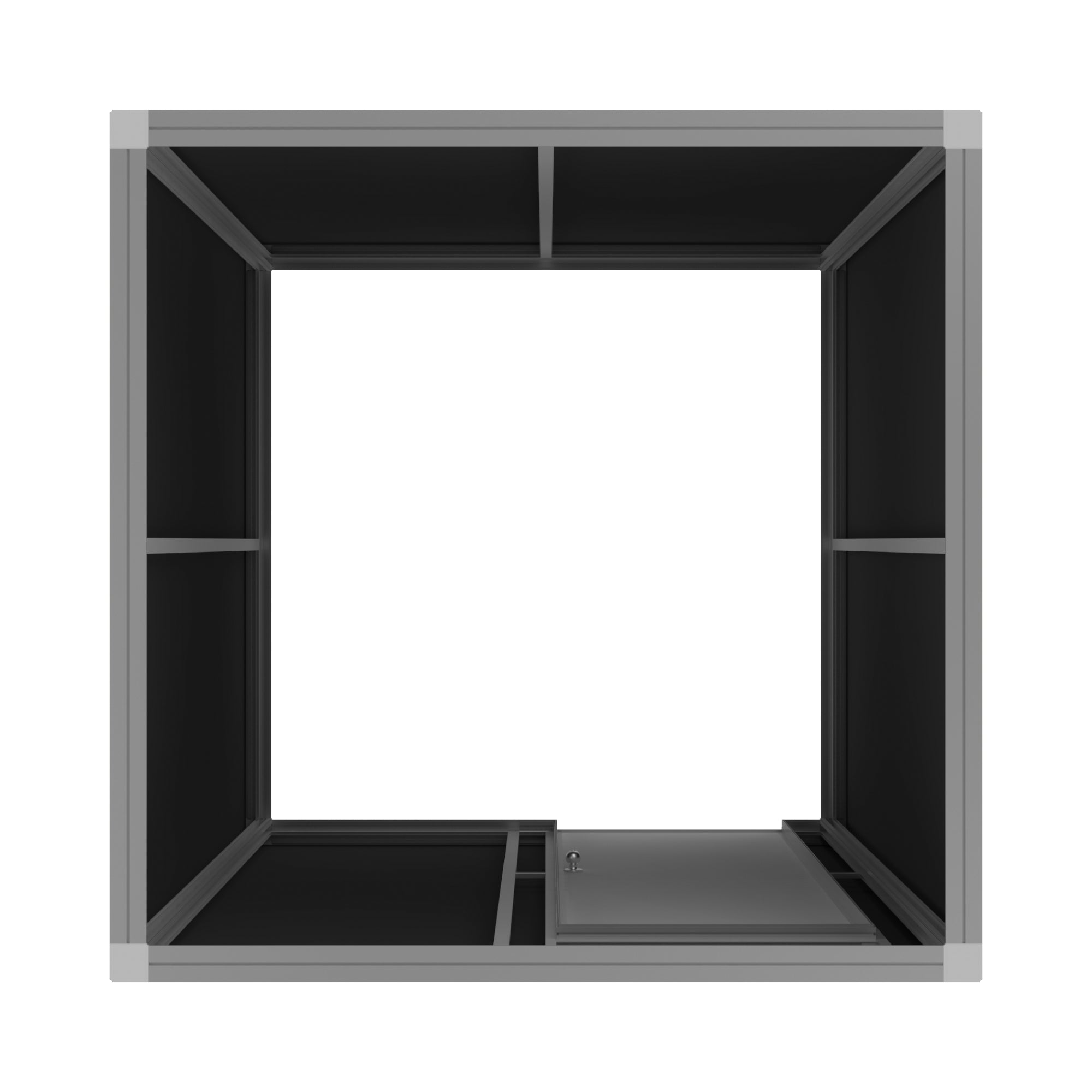 Modular display booth frame with storage compartments for trade shows and exhibition setups