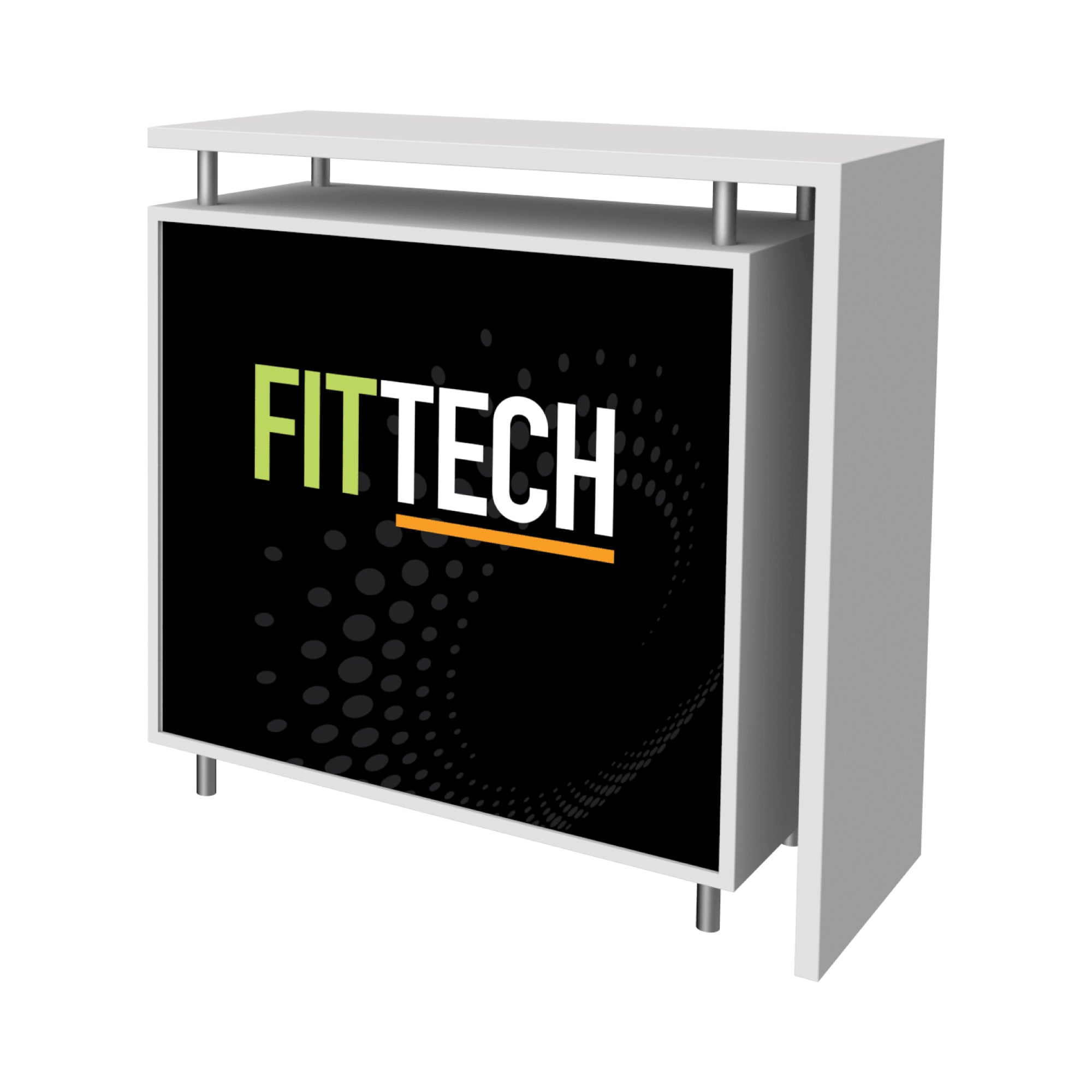 Modular trade show counter with branded front panel for exhibitions and special events