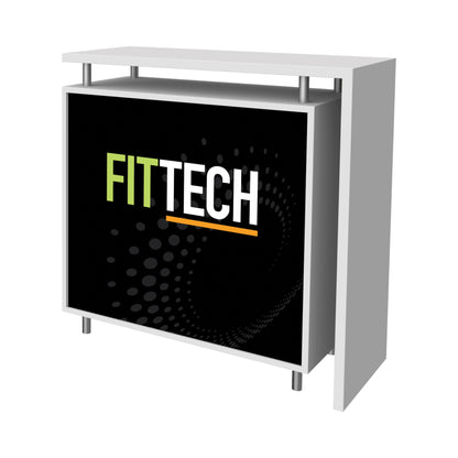 Modular trade show counter with branded front panel for exhibitions and special events