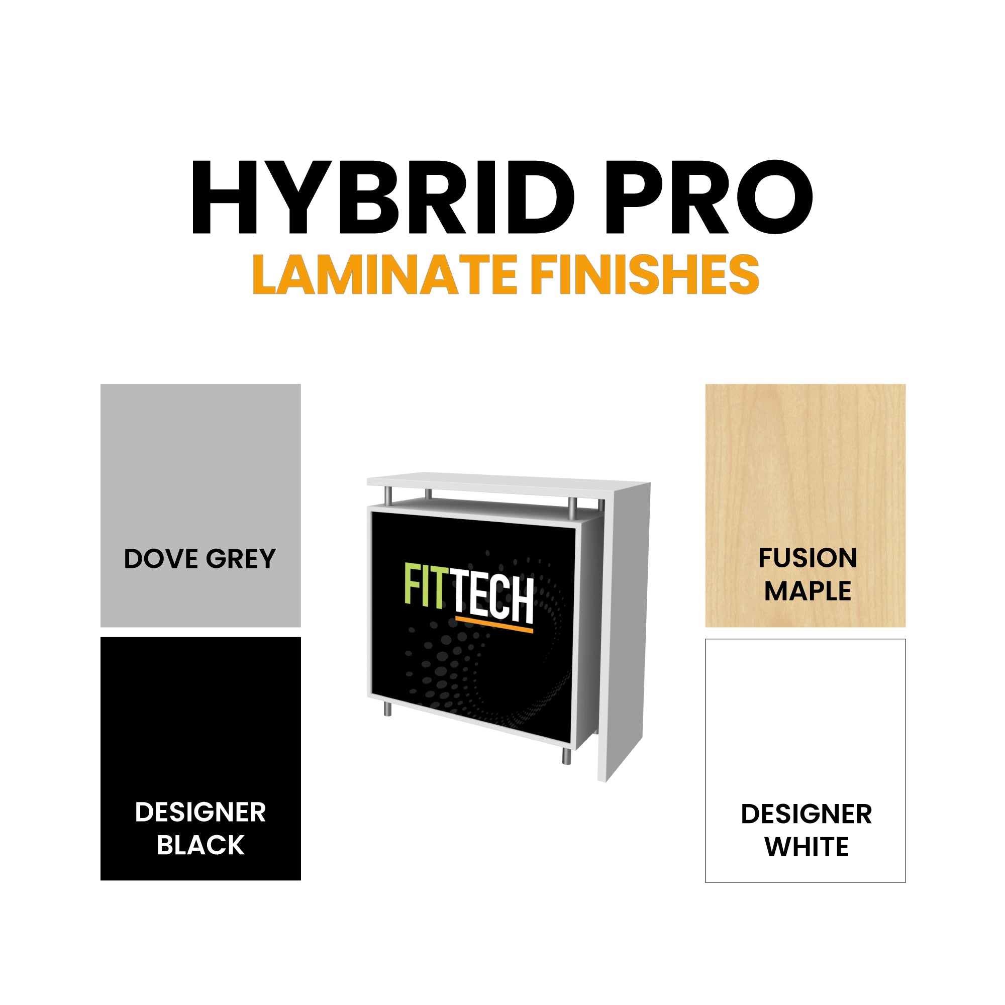 Modular trade show counter with graphic panel showcasing hybrid pro laminate finishes for exhibitions and events