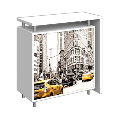 Modular counter with urban cityscape graphic, ideal for trade shows, exhibitions, and special events