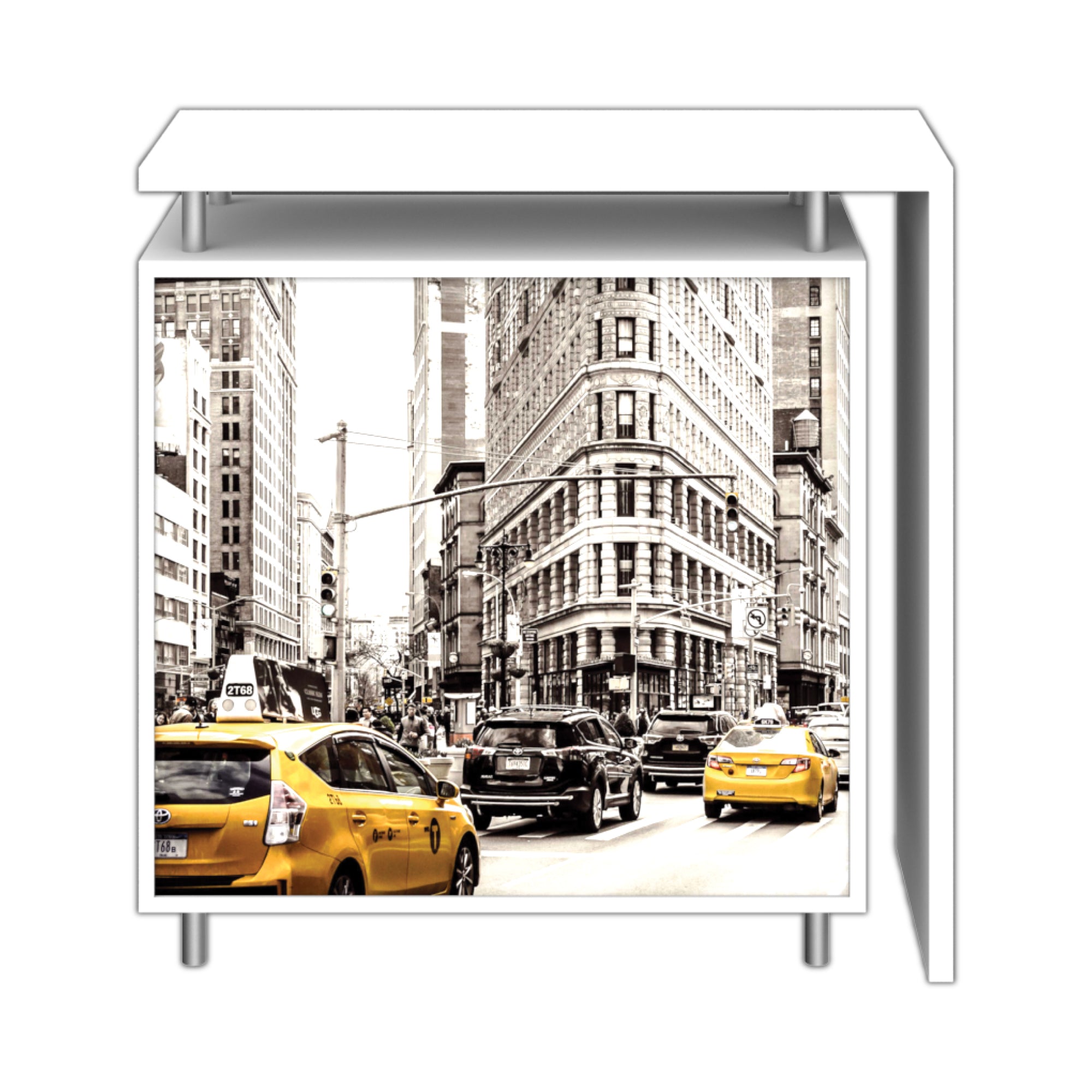 Modular trade show counter with city street photo graphic for exhibitions and special events