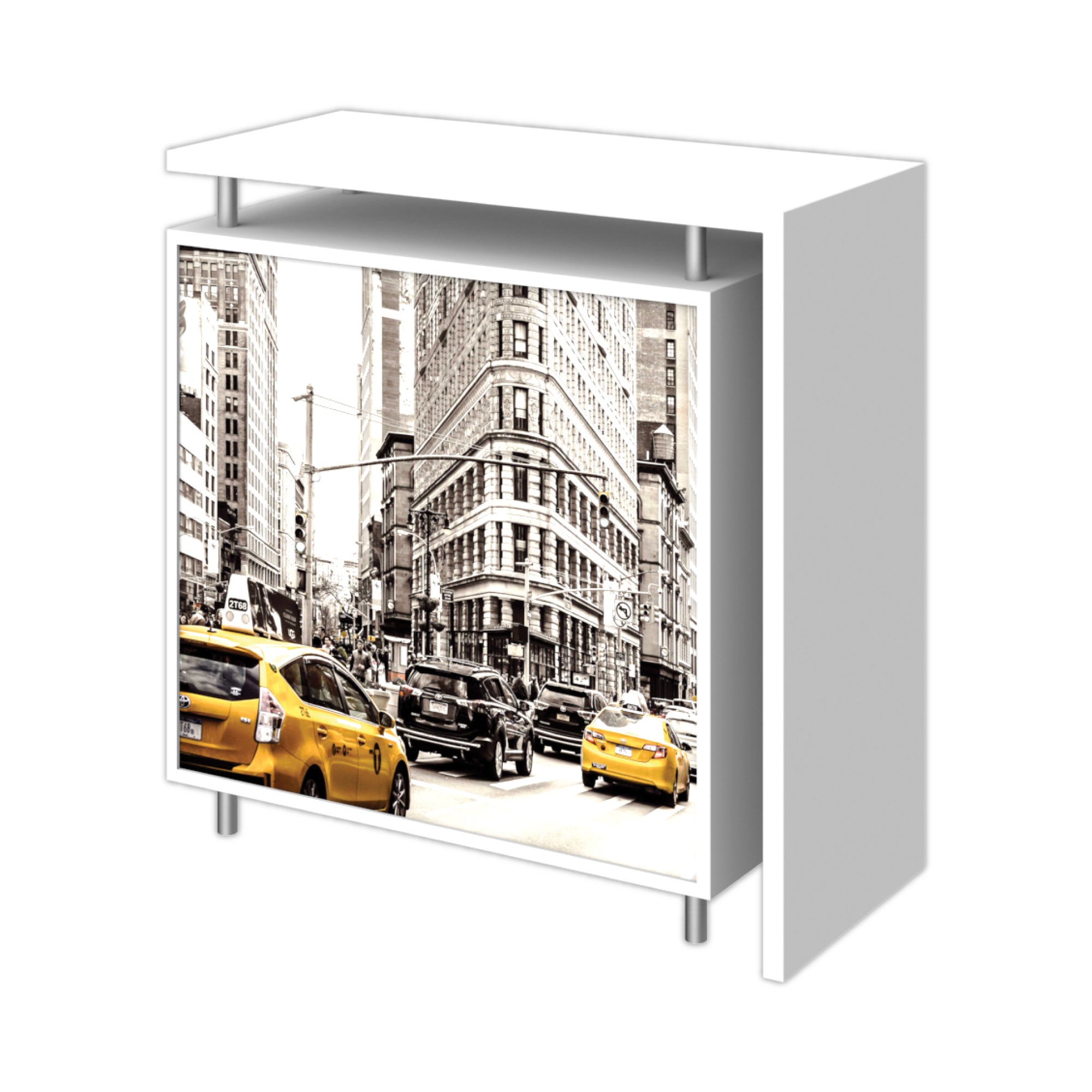 Modular trade show counter with cityscape graphic for exhibitions and special events