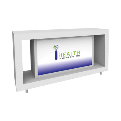 Modular trade show counter with brand logo panel for exhibitions and special event displays
