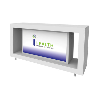 Modular trade show counter with illuminated branded display for exhibitions and special events