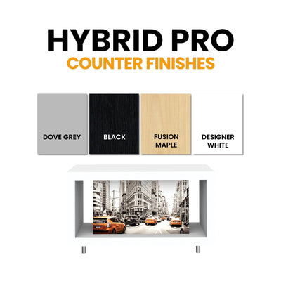 Hybrid Pro modular counter with cityscape graphic for trade shows and exhibitions showcasing customizable finishes
