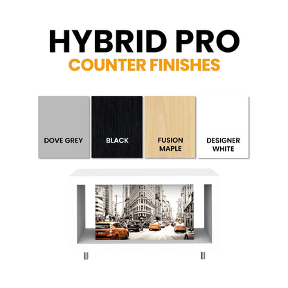Hybrid Pro modular counter with cityscape graphic for trade shows and exhibitions showcasing customizable finishes