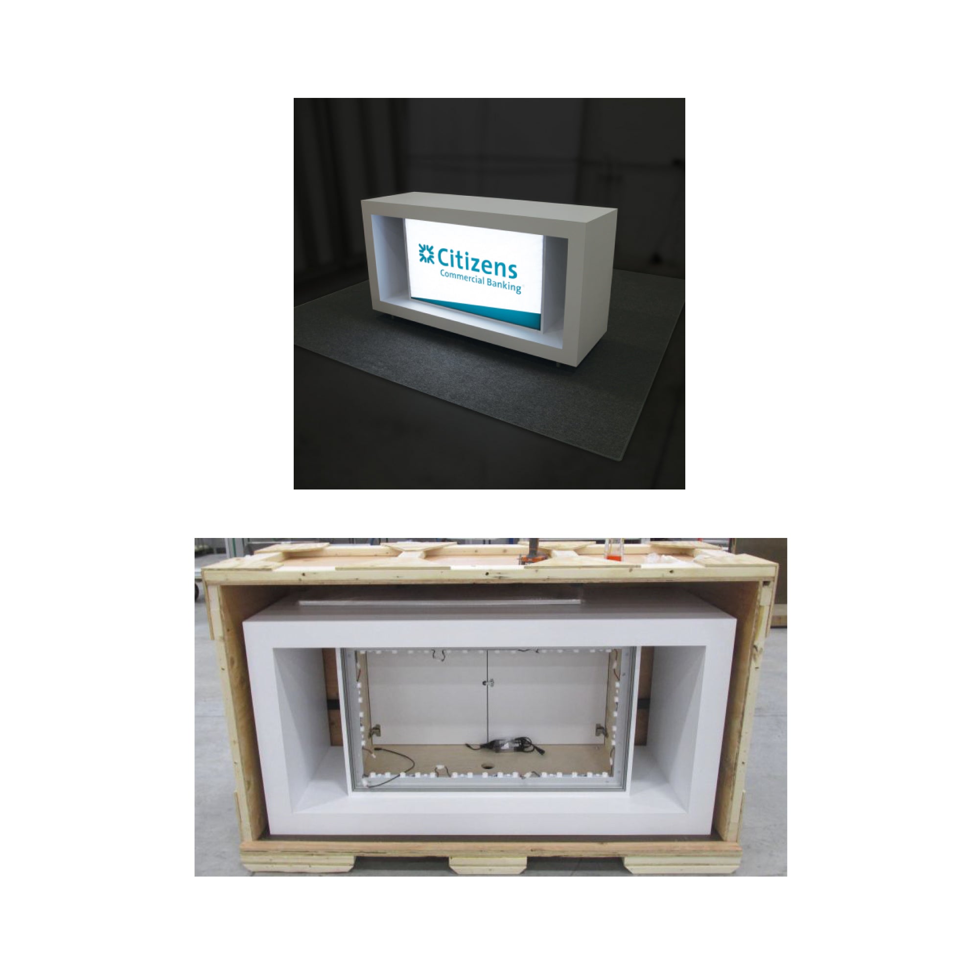 Modular trade show counter with illuminated branded display for exhibitions and special events