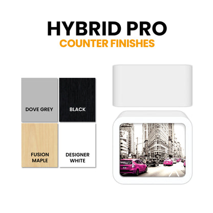 Modular trade show counters with multiple finish options including dove grey, black, fusion maple, and designer white