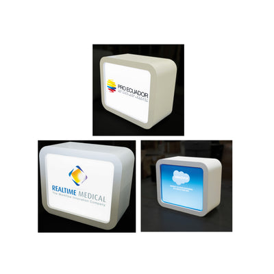 Modular lightbox displays with company logos for trade shows, exhibitions, and special events branding