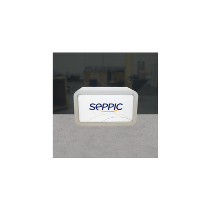 Modular trade show counter with illuminated branded panel for exhibitions and special events