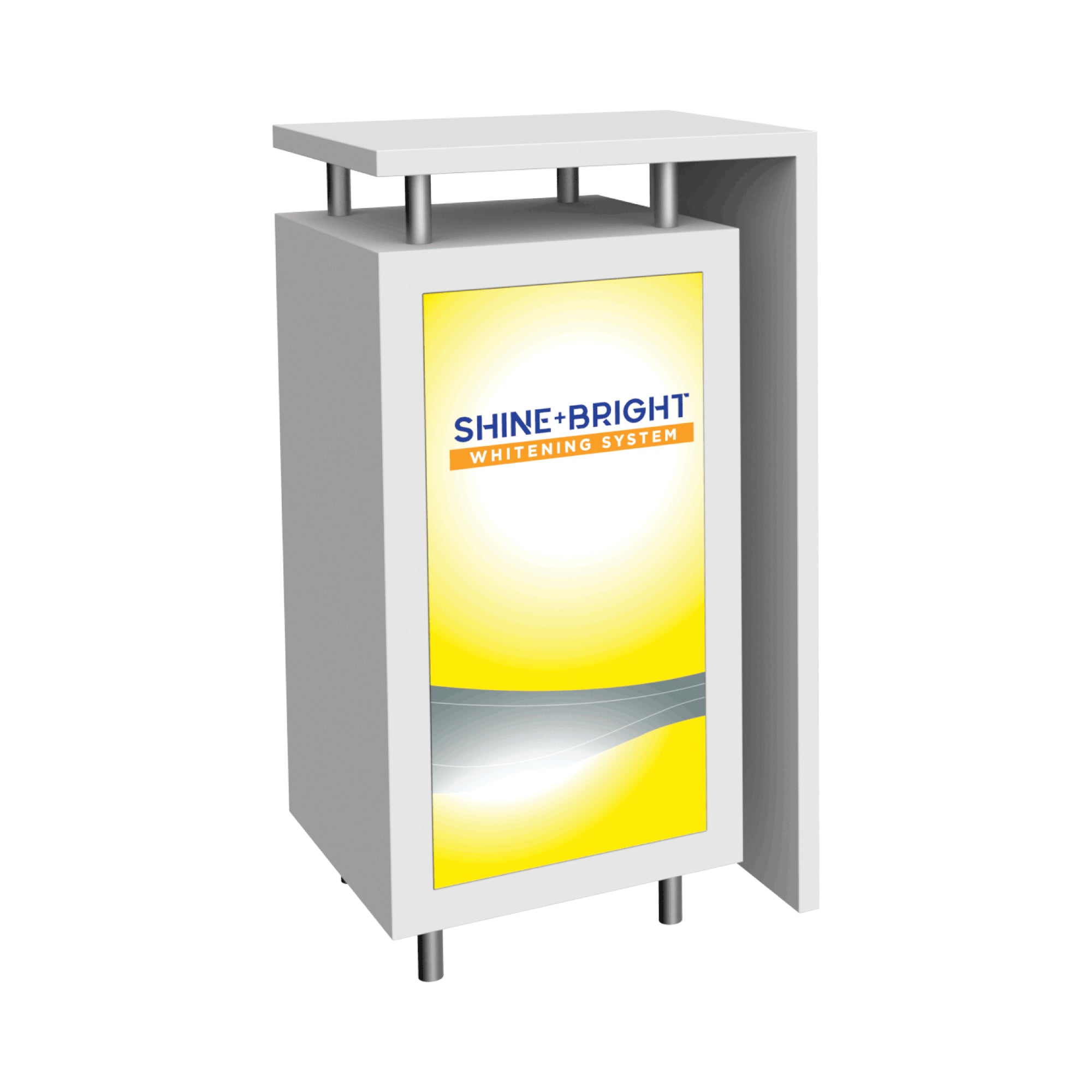 Modular trade show counter with illuminated front graphic panel for exhibitions and special events
