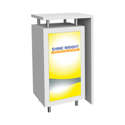 Modular trade show counter with illuminated front graphic panel for exhibitions and special events