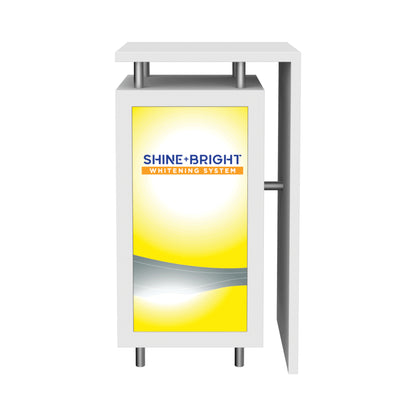 Modular trade show counter with branded graphic panel for exhibitions and special events