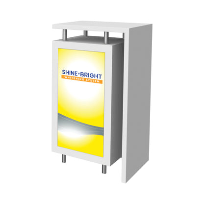 Modular trade show counter with illuminated branding panel and sleek modern design for exhibitions