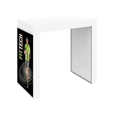 Modular trade show counter with promotional graphic panel featuring running athlete for exhibitions and events