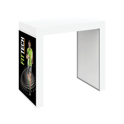 Modular trade show counter with promotional graphic panel featuring running athlete for exhibitions and events