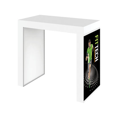 Modular trade show counter with graphic panel featuring athlete and FIT TECH branding for exhibitions