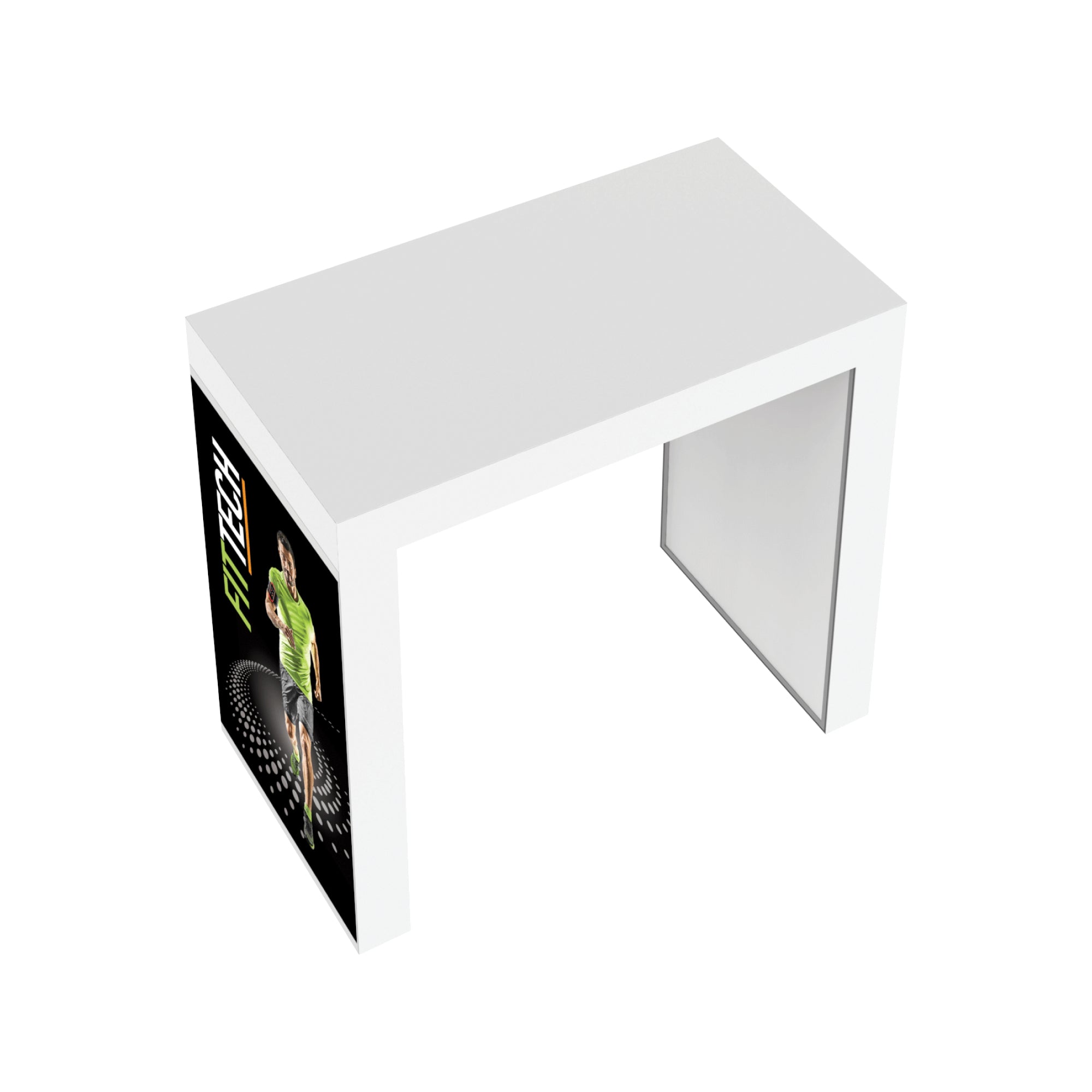 Modular trade show counter with branded side panel, designed for exhibitions and special events