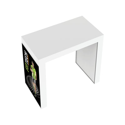 Modular trade show counter with branded side panel, designed for exhibitions and special events