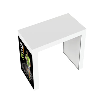 Modular trade show counter with branded side panel, designed for exhibitions and special events