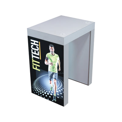 Modular counter with fitness-themed graphic for trade shows, exhibitions, and special events
