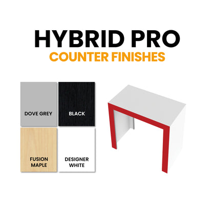 Hybrid Pro modular counter finishes with sample swatches for trade shows, exhibitions, and events