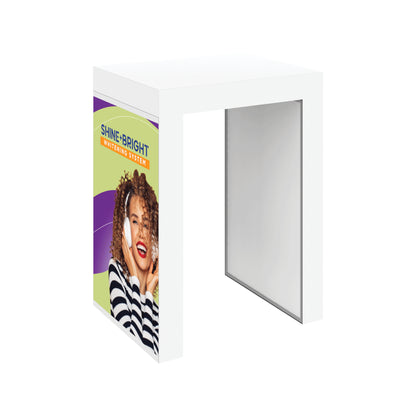 Modular promotional counter with custom graphic panel featuring smiling woman for trade shows and exhibitions