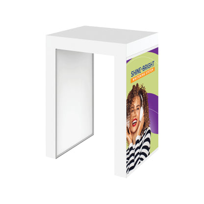 Modular trade show counter with lightbox and vibrant advertising panel for exhibitions and events