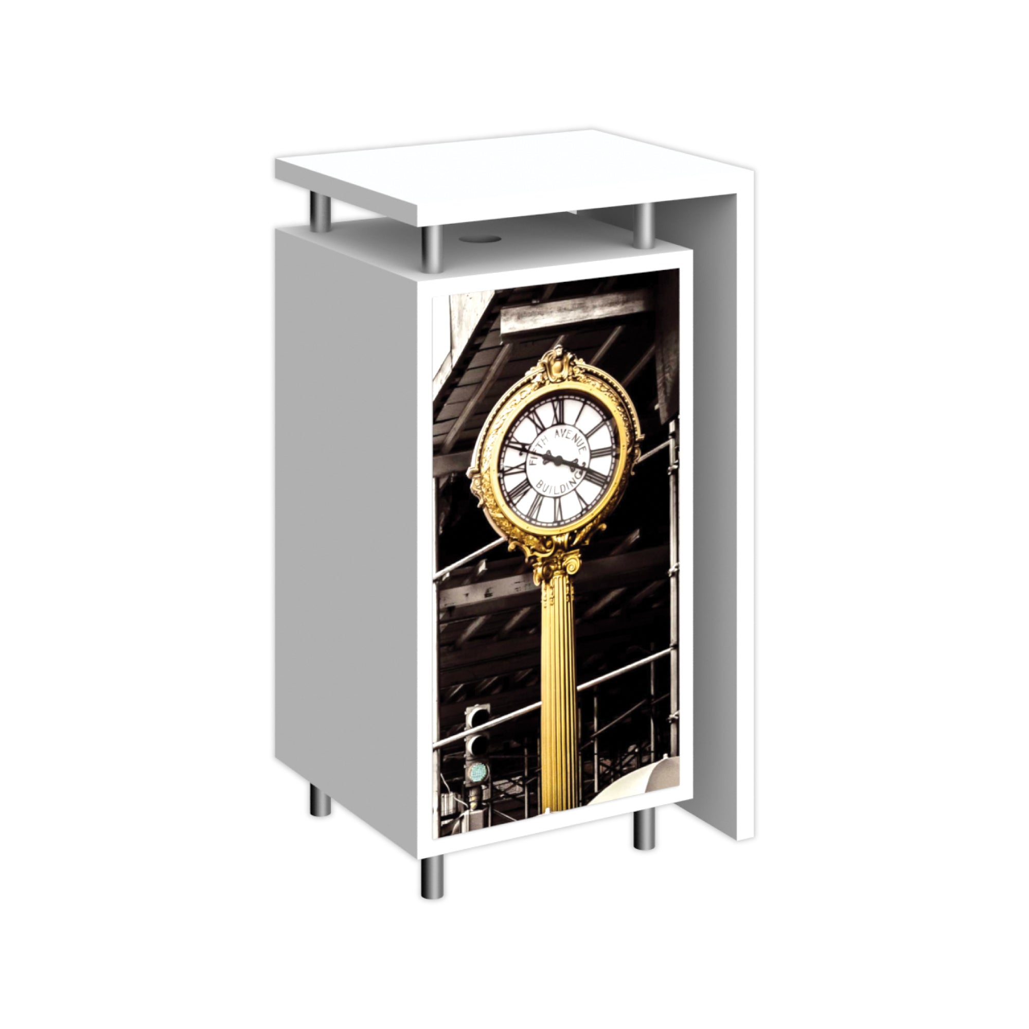 Portable trade show kiosk with front graphic panel displaying a decorative street clock image