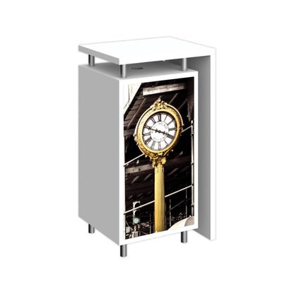 Portable trade show kiosk with front graphic panel displaying a decorative street clock image