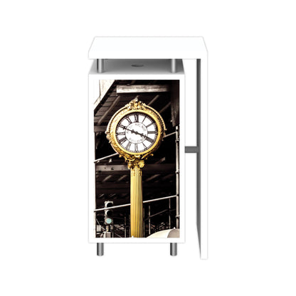 Trade show podium with decorative clock graphic for exhibitions and special event branding