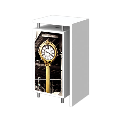 Trade show podium with printed graphic of vintage outdoor street clock for event displays