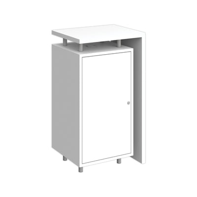 Compact trade show counter with storage cabinet and lock, ideal for exhibitions and events