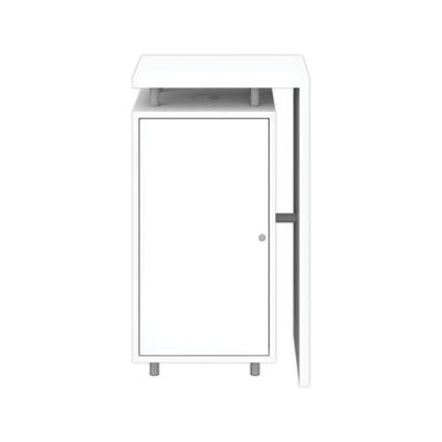 Compact trade show counter with lockable storage cabinet and elevated display surface for exhibitions