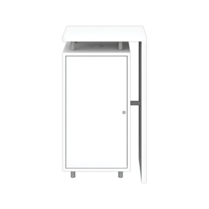 Compact trade show counter with lockable storage cabinet and elevated display surface for exhibitions