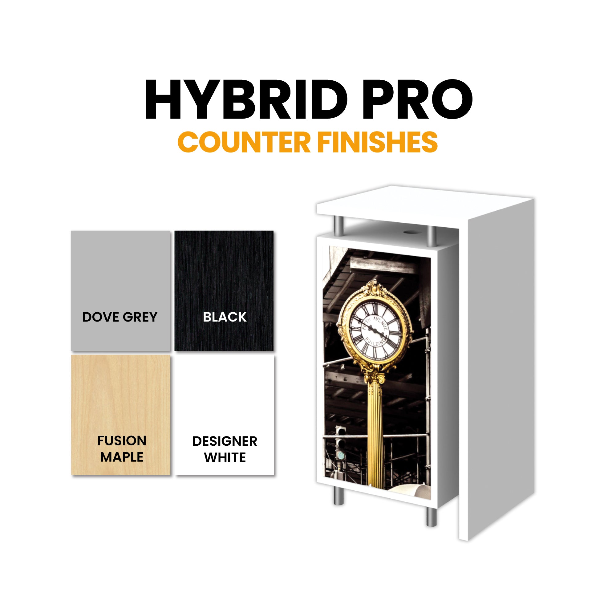 Portable trade show counter with customizable finishes and graphic panel for exhibitions and events