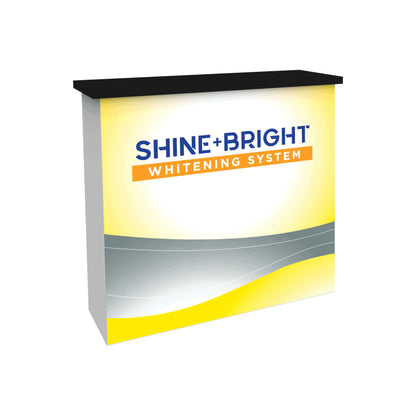 Modular trade show counter with branding for Shine+Bright whitening system, ideal for exhibitions and events