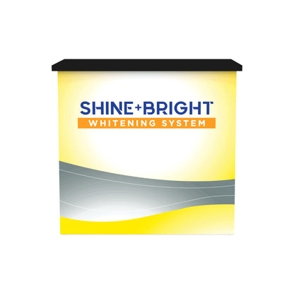 Modular trade show counter with Shine+Bright branding, ideal for exhibitions and special events
